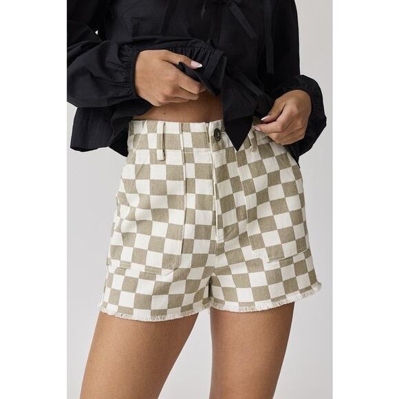 Paper Moon Checkered High Rise Shorts Medium Tan White Retro Summer - Picture 2 of 9